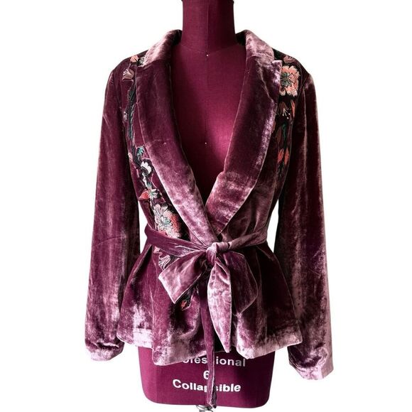 Free People Perfectly Illusion Velvet Jacket size 6 Embroidered Belted Floral Bu - Picture 3 of 15
